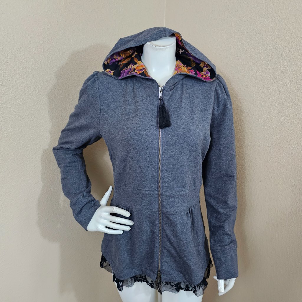 Johnny Was "Jade" Charcoal New "Jina" Lace Trim Peplum Hoodie~Size S